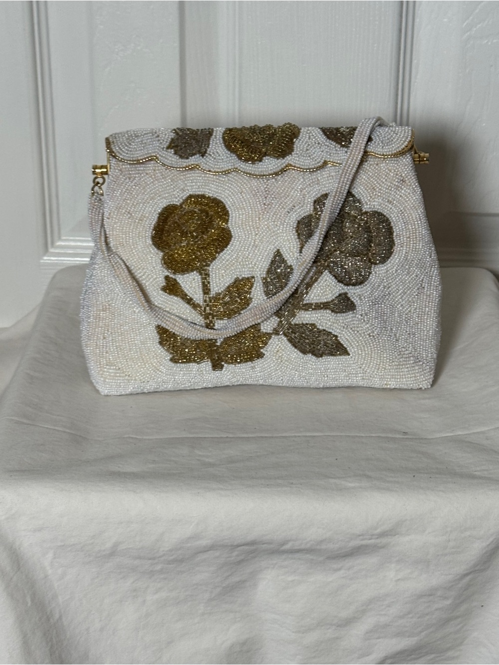 Vintage Hand Beaded Floral Evening Bag Cream Gold
